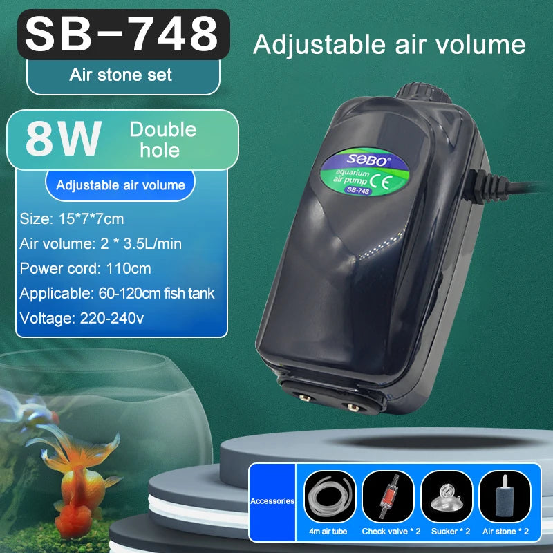SOBO High-Power Aquarium Air Pump (220–240V) – Ultra Silent Adjustable Oxygen Pump | Single / Dual / Quad Outlet Models