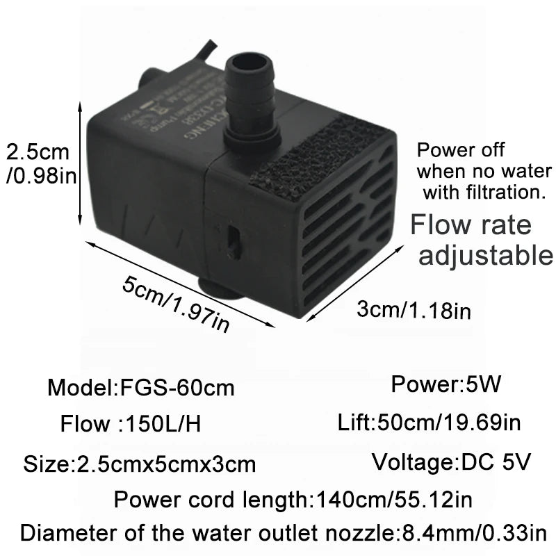 USB 5V Ultra-Quiet Aquarium Pump – Mini Submersible Filtration & Circulation Pump (3W/5W, 150L/H Flow)