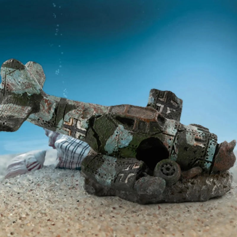 Mini Resin Airplane Wreck Aquarium Ornament – Vintage Plane Decor for Fish Tank Landscapes