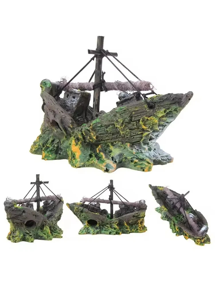 Pirate Shipwreck Aquarium Ornament – Resin Sunken Ship Cave Decoration