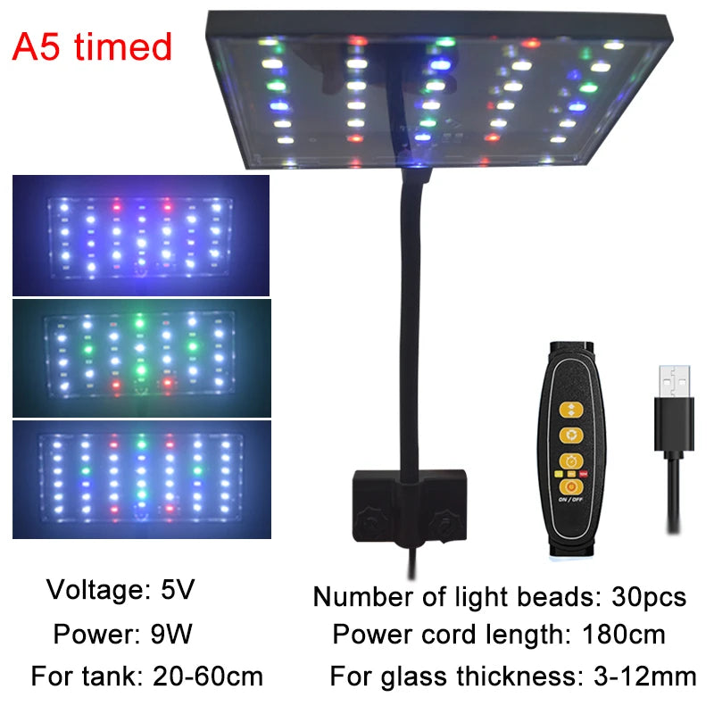 USB Aquarium LED Grow Light – Full Spectrum Clip-On Lamp with 10-Level Brightness, Timer & 360° Adjustable Arm for Planted Tanks