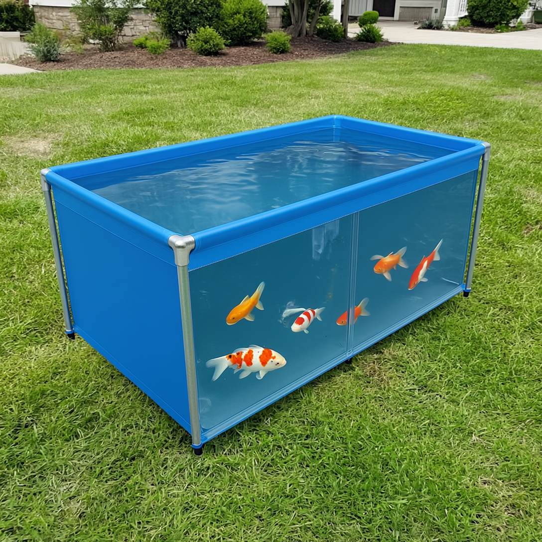 75-gallon blue aquaculture tank with one clear viewing side showing koi fish in an outdoor setting