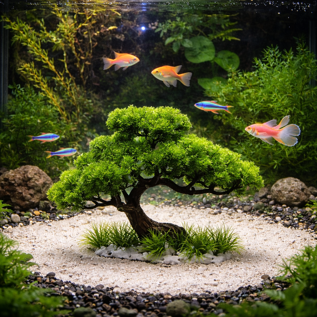 Artificial Aquarium Bonsai Tree – Resin Base with Lush Green Foliage for Aquascaping & Fish Tank Landscaping