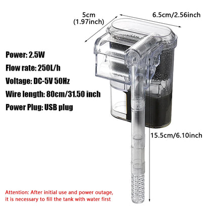 USB Mini Hanging Aquarium Filter – 2.5W Silent External Waterfall Filter, 250L/H Flow, For Fish Tanks Under 30cm