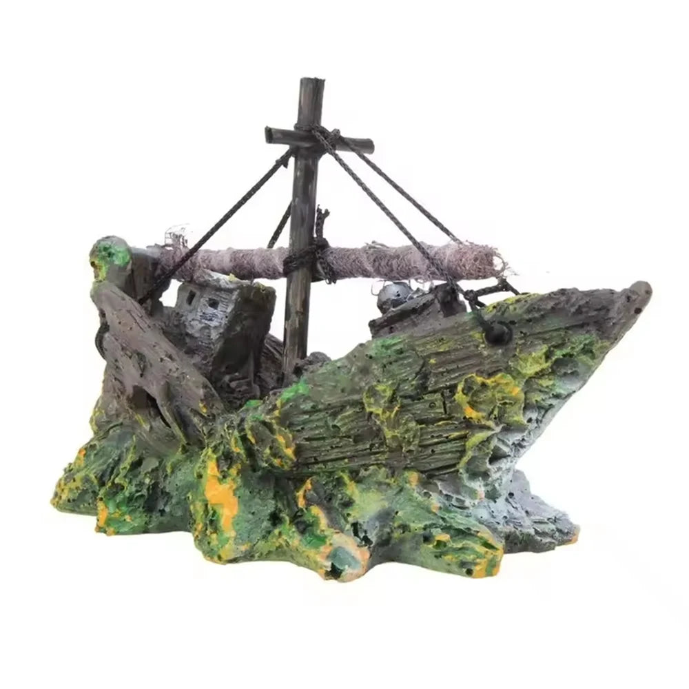 Pirate Shipwreck Aquarium Ornament – Resin Sunken Ship Cave Decoration