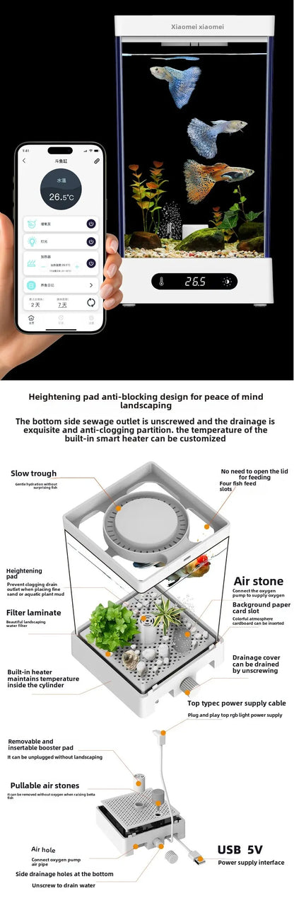 Smart Betta Fish Tank – Mini Desktop Self-Circulating Aquarium with Intelligent Heating, RGB Lighting & App Control (1.6L)