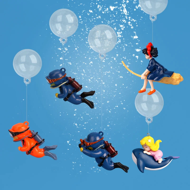 Floating Diver & Mermaid Aquarium Ornament | Mini Resin Cartoon Figure with Balloon Float for Fish Tank Decoration