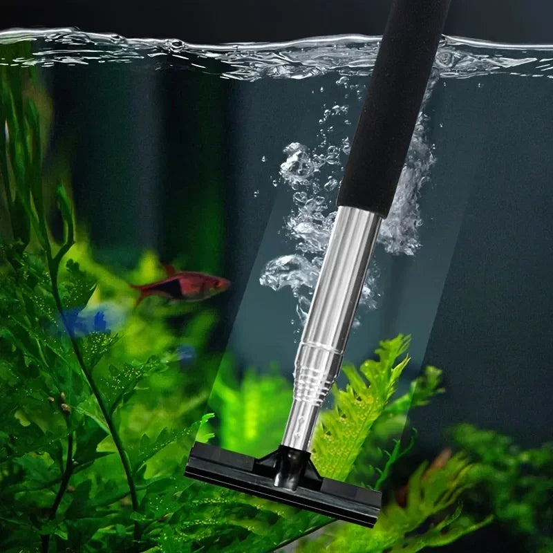 Telescopic Aquarium Silicone Scraper – Stainless Steel Extendable Cleaning Brush for Algae Removal & Glass Maintenance