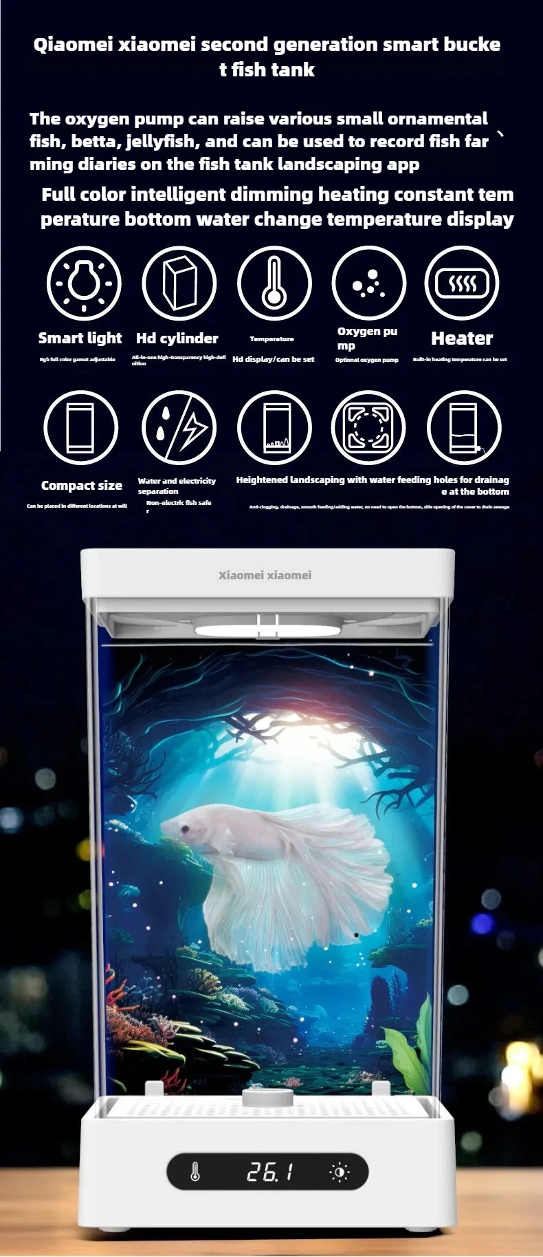 Smart Betta Fish Tank – Mini Desktop Self-Circulating Aquarium with Intelligent Heating, RGB Lighting & App Control (1.6L)