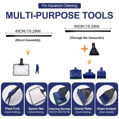 5-in-1 Aquarium Cleaning Tool Kit | Net, Algae Scraper, Sponge Brush, Plant Fork & Gravel Rake