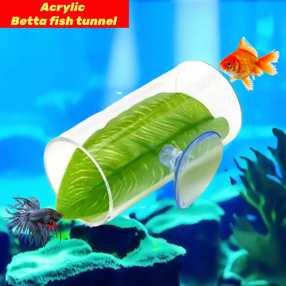 Acrylic Betta Fish Tunnel – Transparent Observation Tube with Leaf Mat | Small Aquarium Hideout & Enrichment Decoration