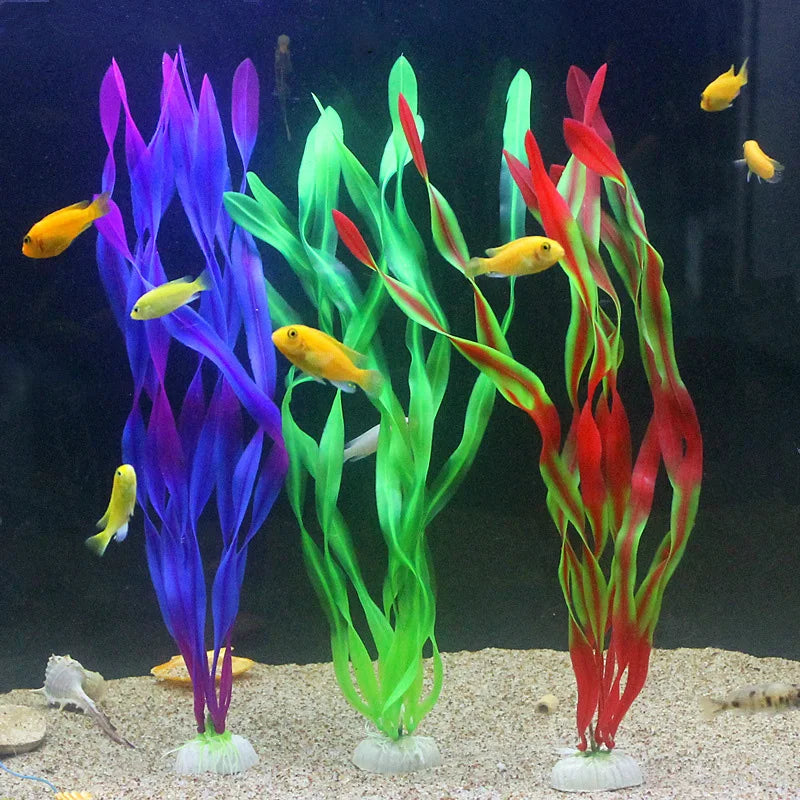 Artificial Aquarium Plants – 5pcs / 10pcs Plastic Aquatic Plants with Ceramic Base for Fish Tank Decoration