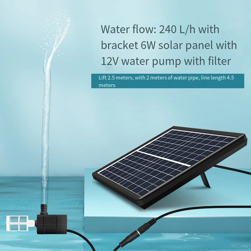 Solar Powered 12V Submersible Water Pump | 6W Solar Panel Outdoor Pond & Fish Tank Circulation Pump (240 L/H)