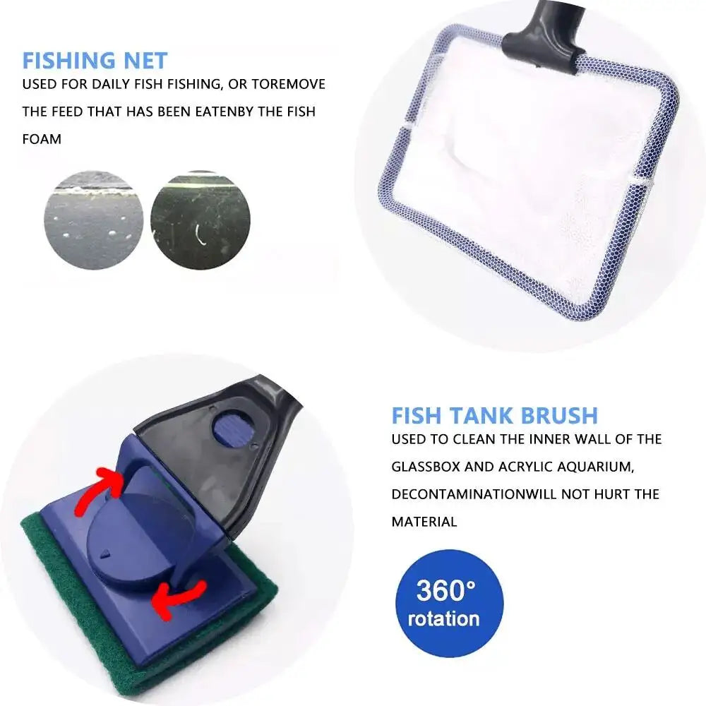 5-in-1 Aquarium Cleaning Tool Kit | Net, Algae Scraper, Sponge Brush, Plant Fork & Gravel Rake