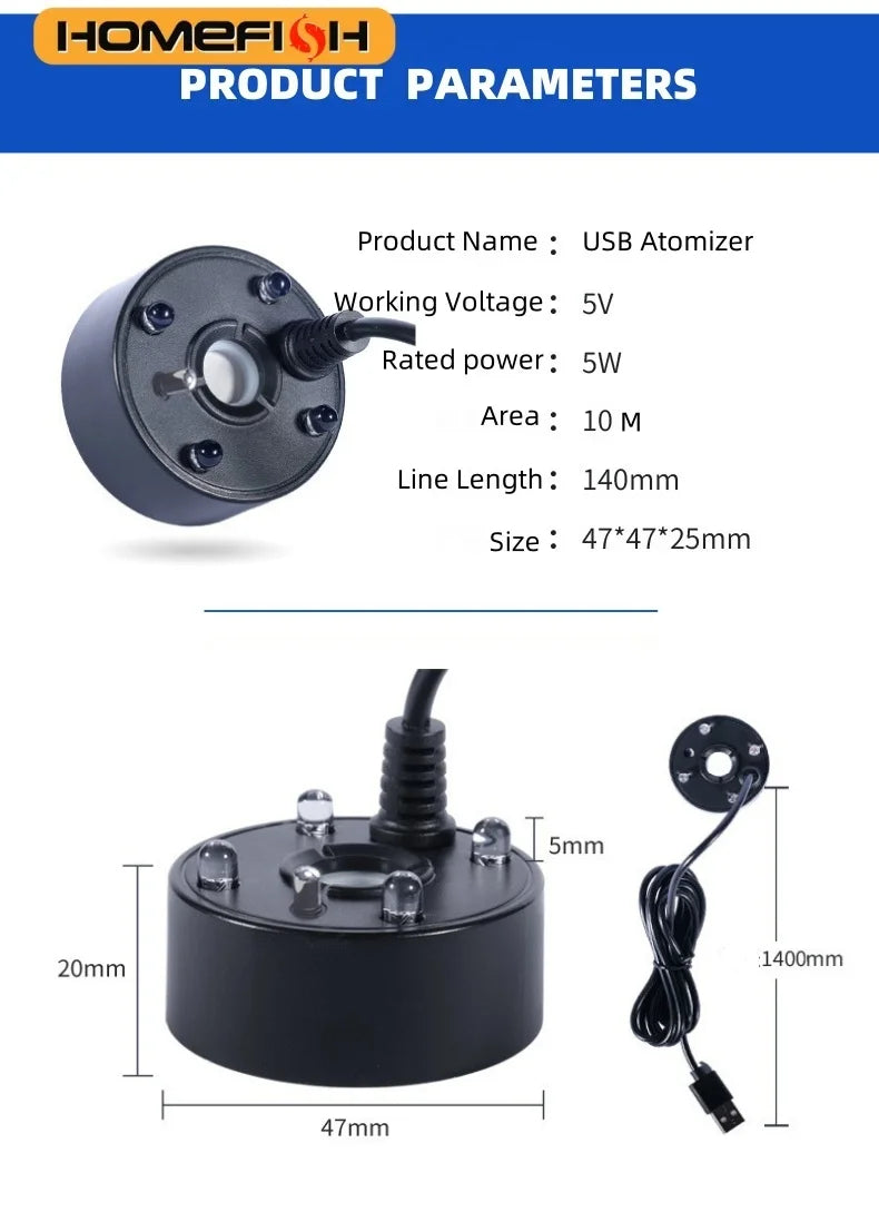 5V USB Mist Maker – Ultrasonic Fogger Atomizer for Aquariums, Ponds & Water Features with 4-LED Lights