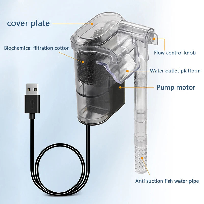 USB Mini Hanging Aquarium Filter – 2.5W Silent External Waterfall Filter, 250L/H Flow, For Fish Tanks Under 30cm