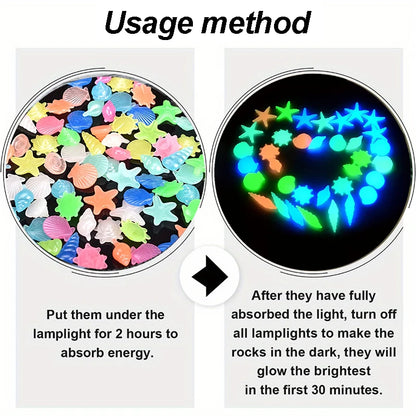 100PCS Marine Luminous Stones – Glow-in-the-Dark Aquarium Shell & Starfish Decor Stones for Landscapes, Tanks & Gardens