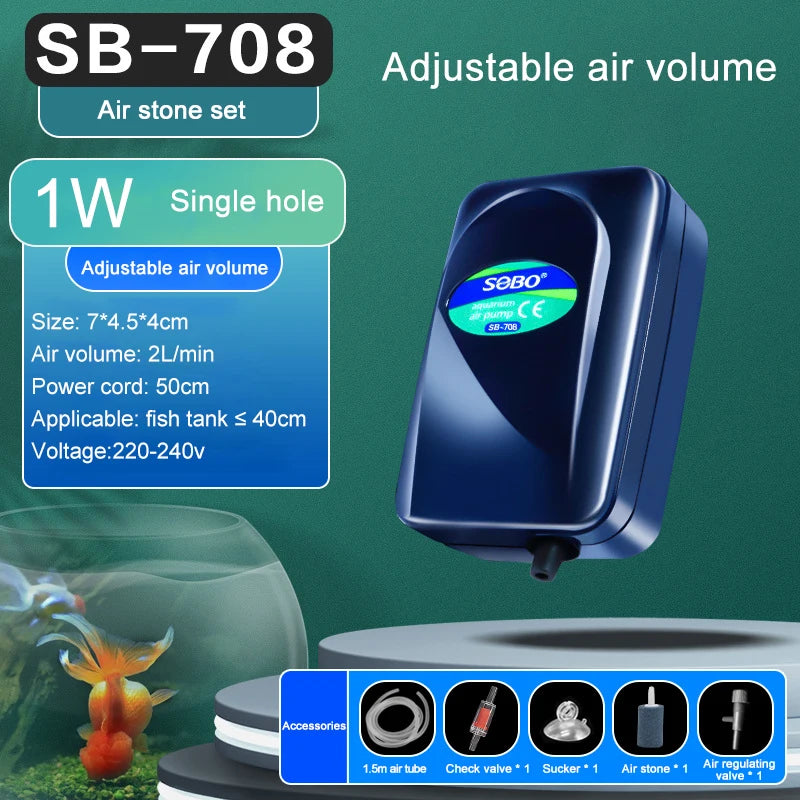 SOBO High-Power Aquarium Air Pump (220–240V) – Ultra Silent Adjustable Oxygen Pump | Single / Dual / Quad Outlet Models