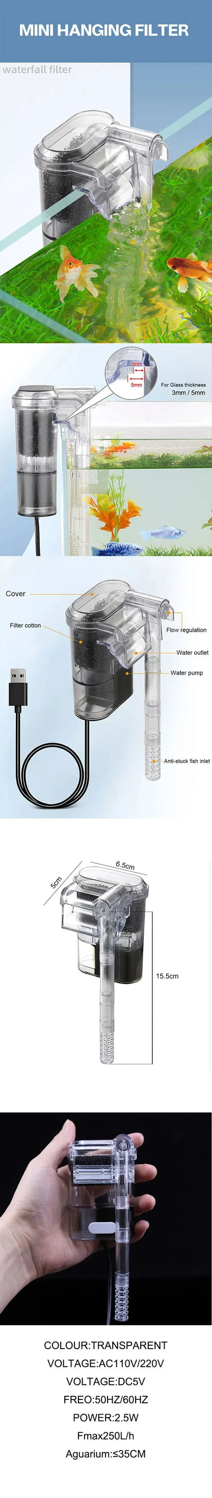 New Suspended USB Mini Aquarium Filter 2.5W 250L/H Transparent Hang-On Waterfall Filter for Fish Tanks Below 35cm