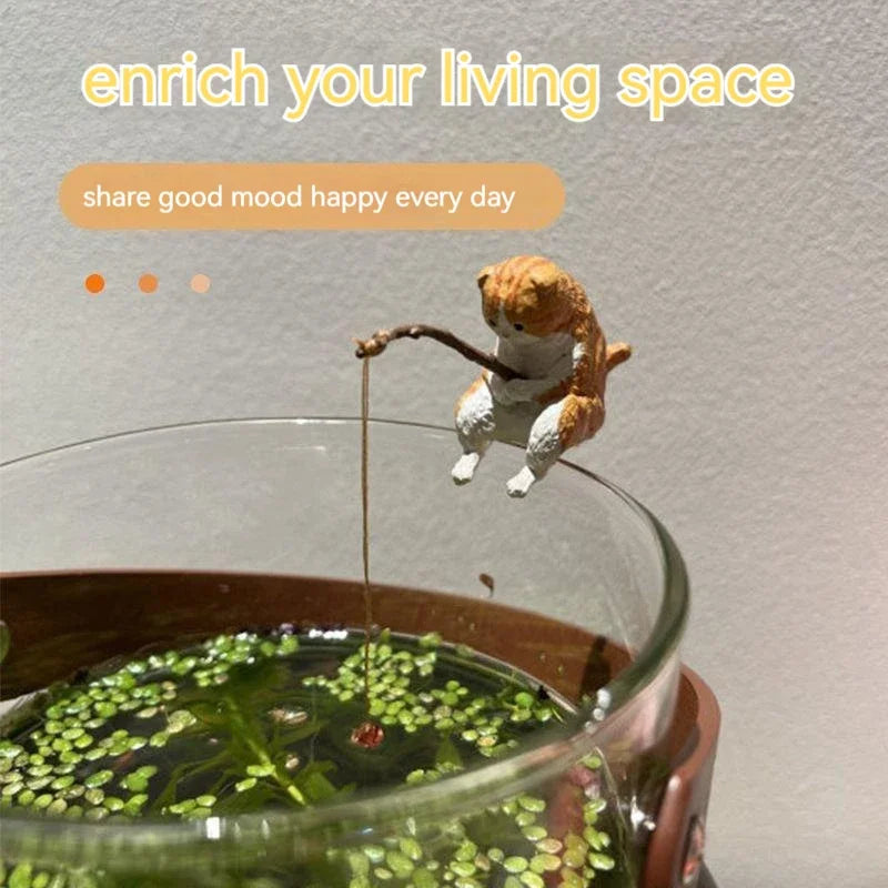 Cute Fishing Cat Aquarium Ornament – Mini Decorative Figurine for Aquascaping, Micro-Landscapes & DIY Tank Decor