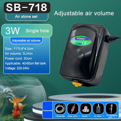 SOBO High-Power Aquarium Air Pump (220–240V) – Ultra Silent Adjustable Oxygen Pump | Single / Dual / Quad Outlet Models
