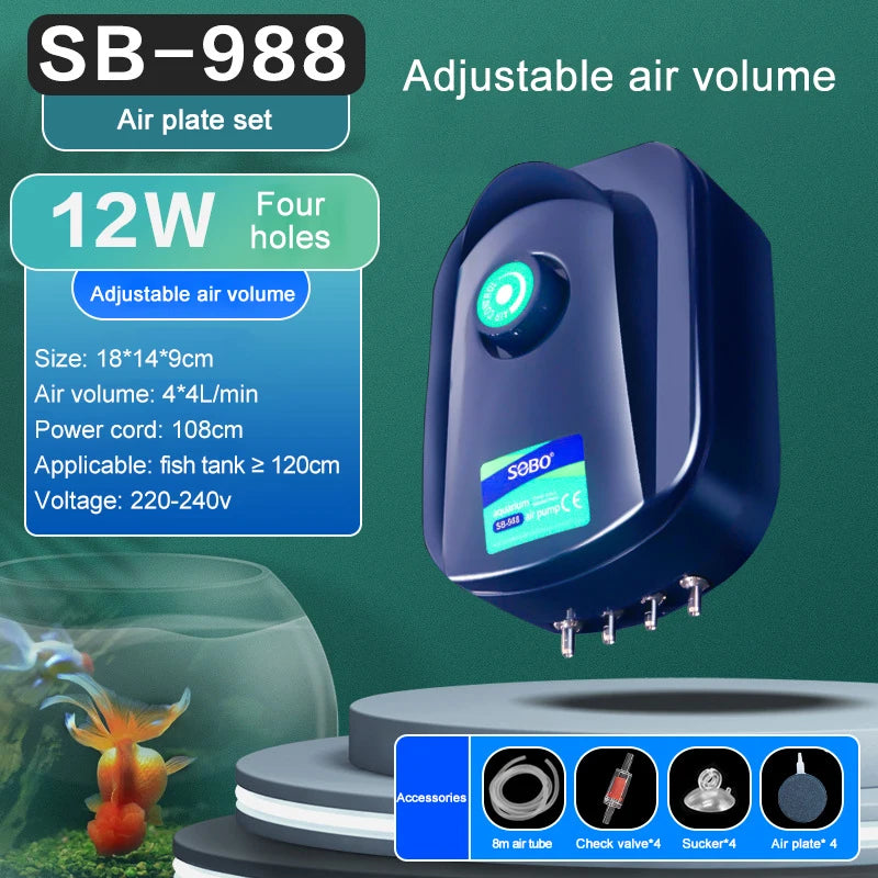 SOBO High-Power Aquarium Air Pump (220–240V) – Ultra Silent Adjustable Oxygen Pump | Single / Dual / Quad Outlet Models