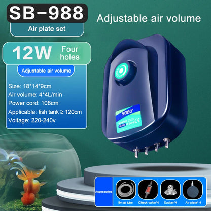 SOBO High-Power Aquarium Air Pump (220–240V) – Ultra Silent Adjustable Oxygen Pump | Single / Dual / Quad Outlet Models