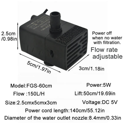 USB 5V Ultra-Quiet Aquarium Pump – Mini Submersible Filtration & Circulation Pump (3W/5W, 150L/H Flow)