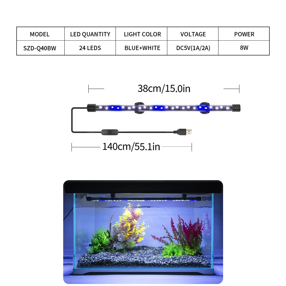 USB LED Aquarium Light Bar for Fish Tanks and Aquatic Plants (18–58 cm, Waterproof)