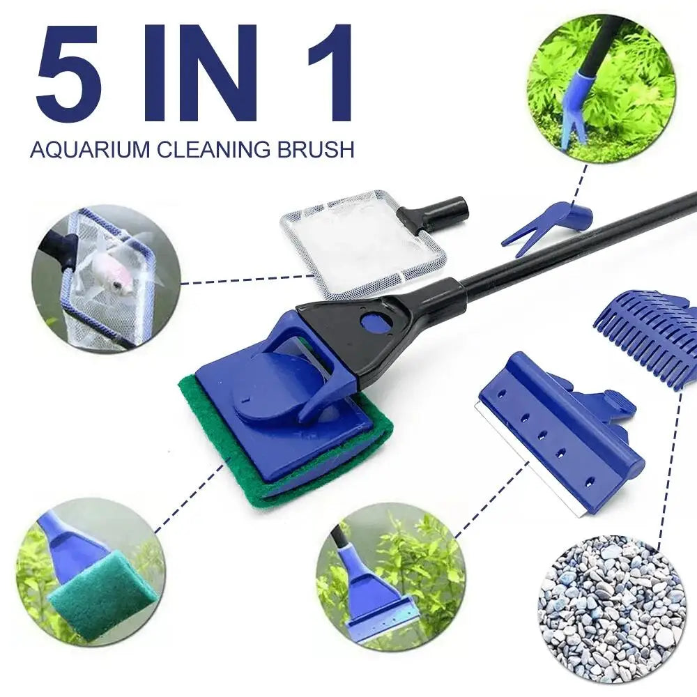5-in-1 Aquarium Cleaning Tool Kit | Net, Algae Scraper, Sponge Brush, Plant Fork & Gravel Rake