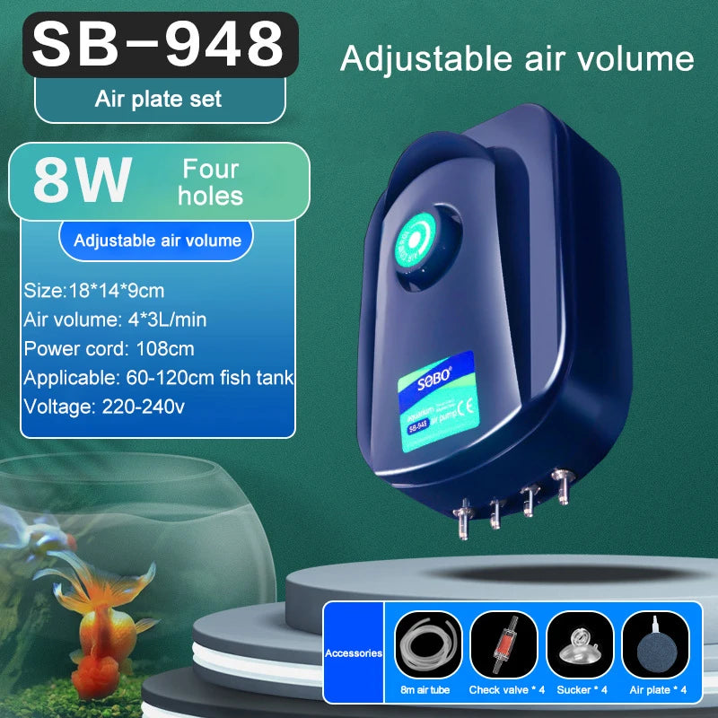 SOBO High-Power Aquarium Air Pump (220–240V) – Ultra Silent Adjustable Oxygen Pump | Single / Dual / Quad Outlet Models