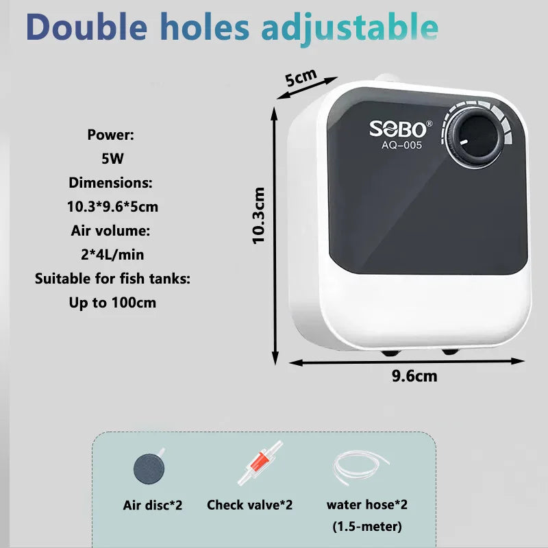 SOBO Silent Aquarium Oxygen Pump – 5W Adjustable Air Volume, High-Power Aerator for Fish Tanks, Deep-Water Oxygenation 220V