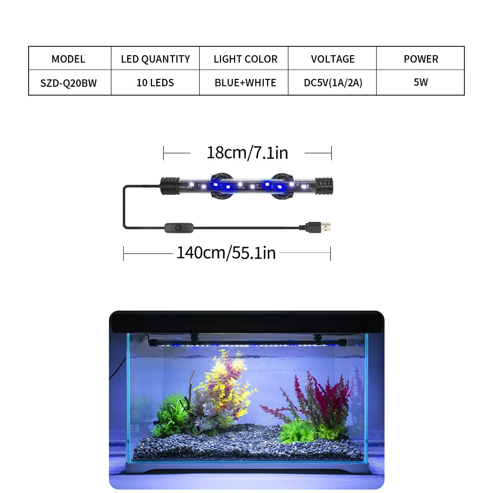 USB LED Aquarium Light Bar for Fish Tanks and Aquatic Plants (18–58 cm, Waterproof)