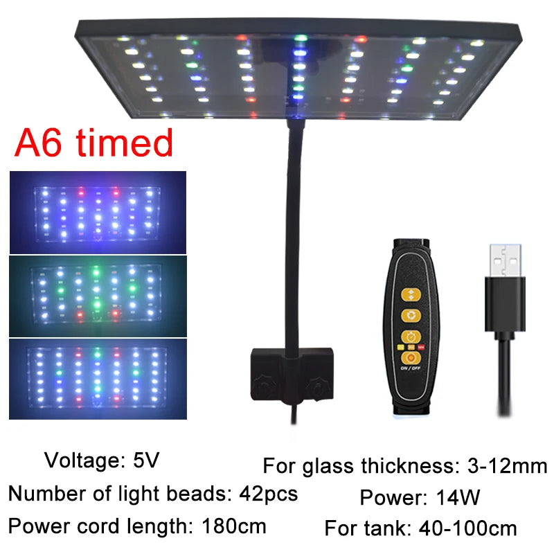 USB Aquarium LED Grow Light – Full Spectrum Clip-On Lamp with 10-Level Brightness, Timer & 360° Adjustable Arm for Planted Tanks