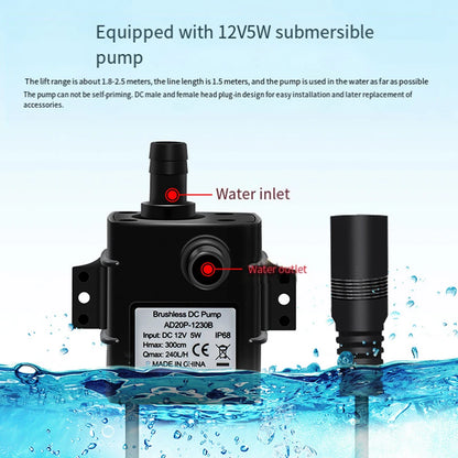 Solar Powered 12V Submersible Water Pump | 6W Solar Panel Outdoor Pond & Fish Tank Circulation Pump (240 L/H)