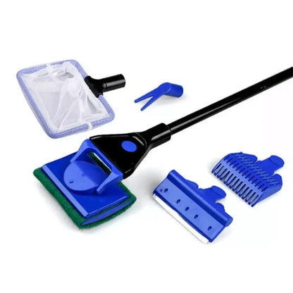5-in-1 Aquarium Cleaning Tool Kit | Net, Algae Scraper, Sponge Brush, Plant Fork & Gravel Rake