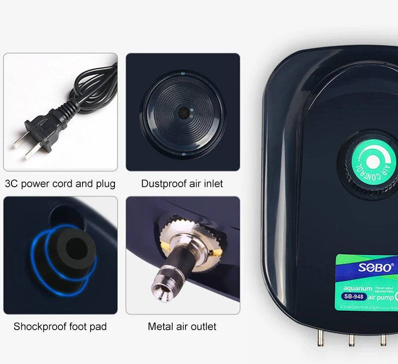 SOBO High-Power Aquarium Air Pump (220–240V) – Ultra Silent Adjustable Oxygen Pump | Single / Dual / Quad Outlet Models