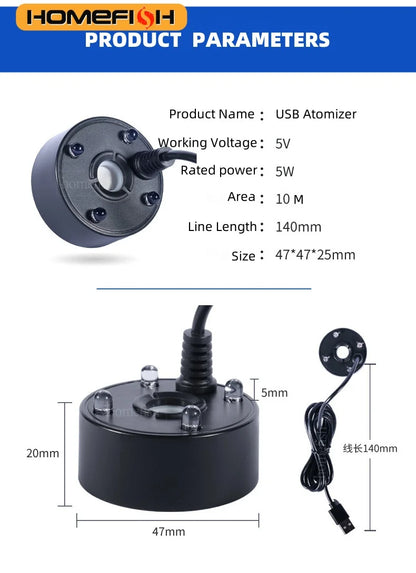 5V USB Mist Maker – Ultrasonic Fogger Atomizer for Aquariums, Ponds & Water Features with 4-LED Lights