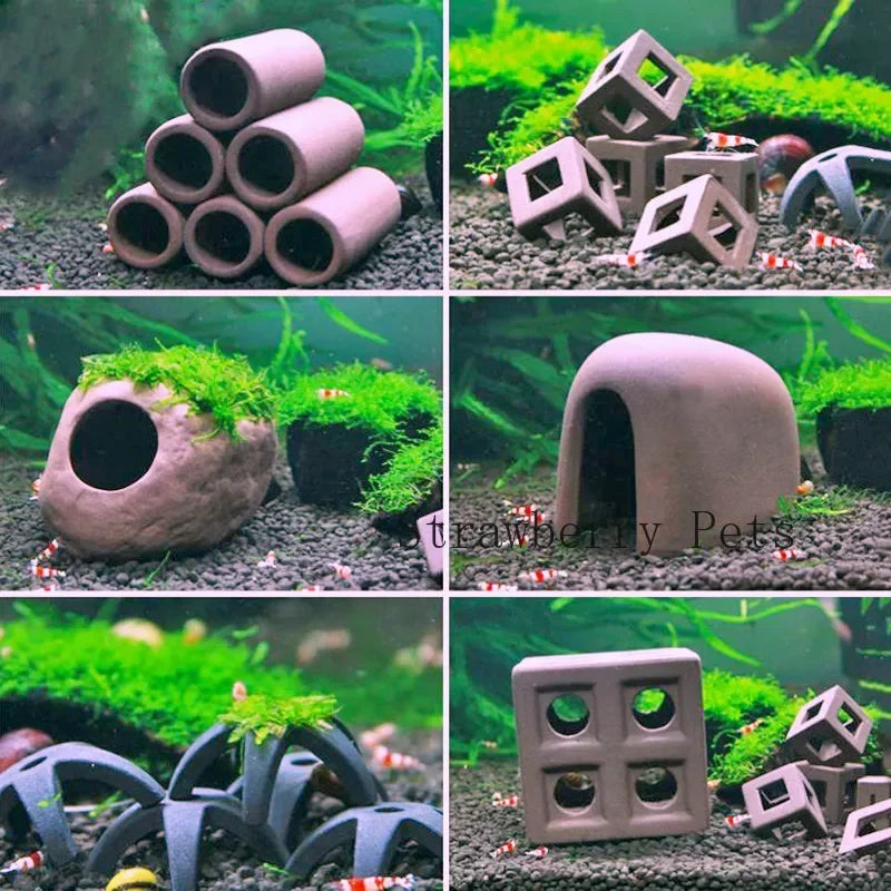 Ceramic Aquarium Shelter Houses – Shrimp & Fish Hiding Caves, Breeding Pots & Natural Stone-Style Tank Decor