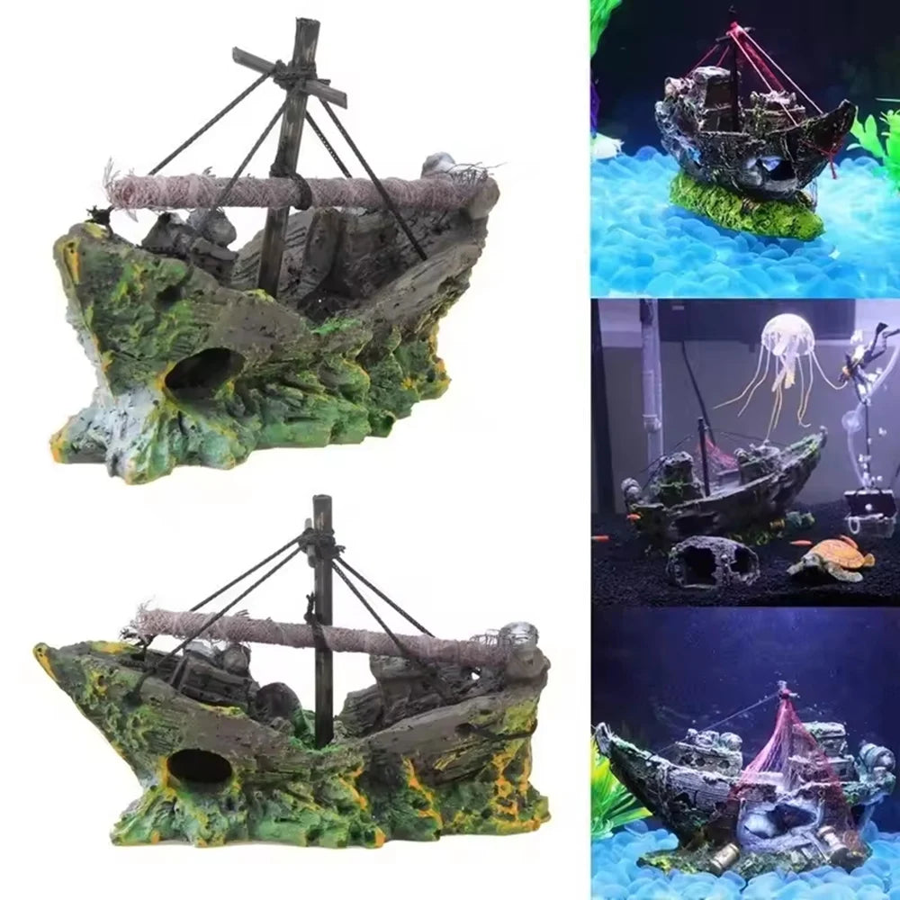 Pirate Shipwreck Aquarium Ornament – Resin Sunken Ship Cave Decoration