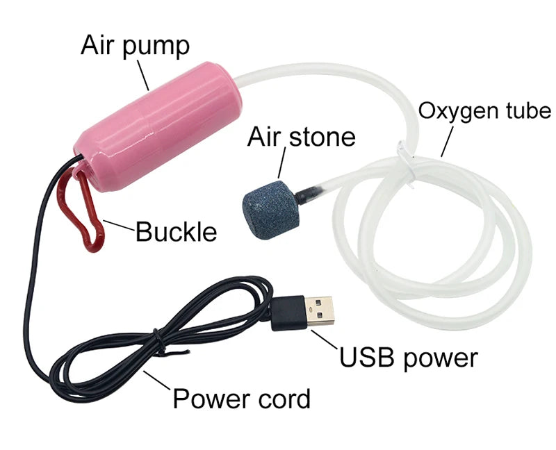 USB Mini Aquarium Air Pump – Silent Oxygenator with Air Stone, Portable 5V Oxygen Aerator for Fish Tanks & Outdoor Use