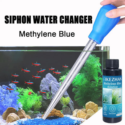 Aquarium Siphon Water Changer + Methylene Blue Treatment Kit | Mini Tank Cleaner & Fish Disease Support