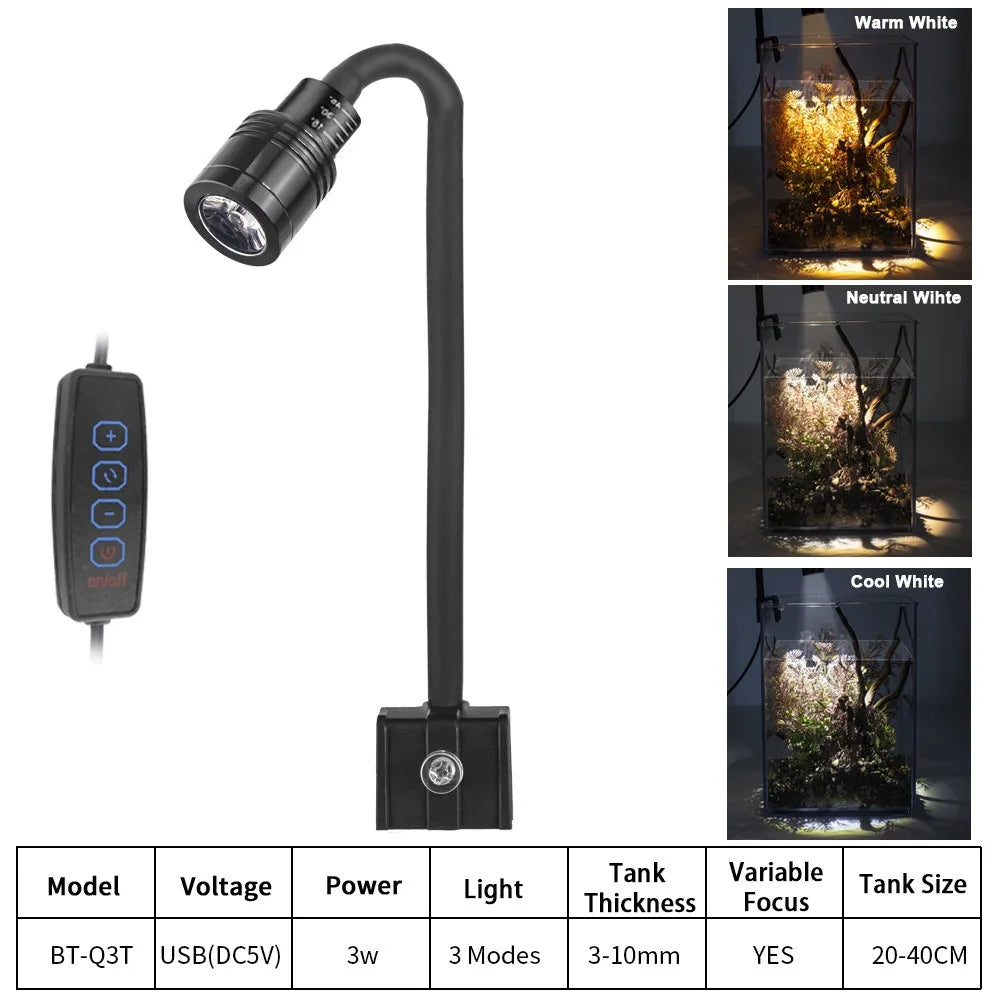 USB 3W LED Aquarium Spotlight – Adjustable Beam & Dimmable Clip-On Grow Light (Warm/Neutral/Cool White)
