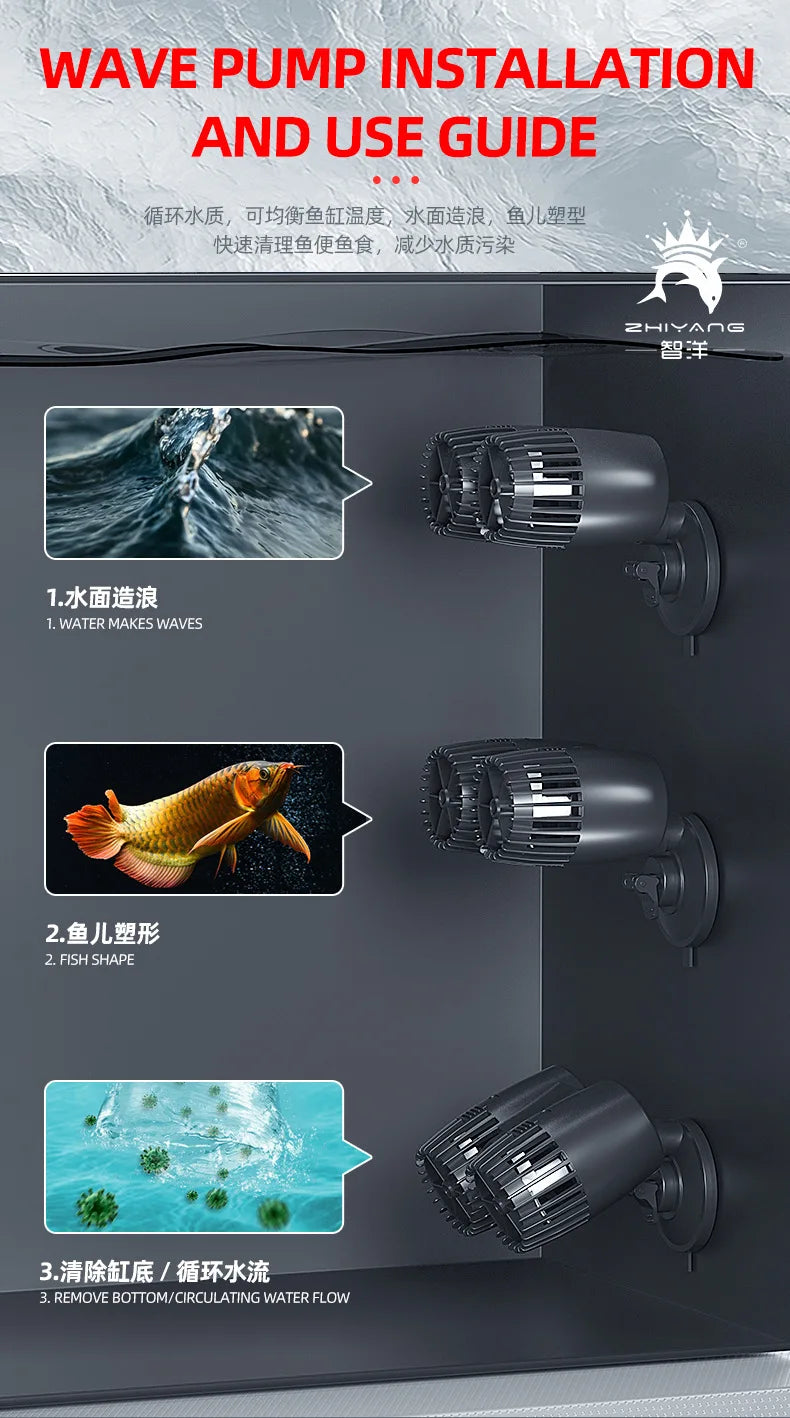 Aquarium Wavemaker Pump 360° Adjustable Wave Maker, Submersible Circulation & Aeration Pump for Fish Tanks 220–240V