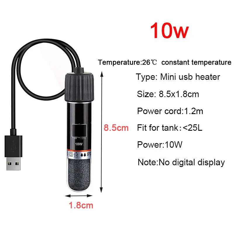 USB Mini Submersible Aquarium Heater for Small Tanks, 26°C Constant Temperature, 10W