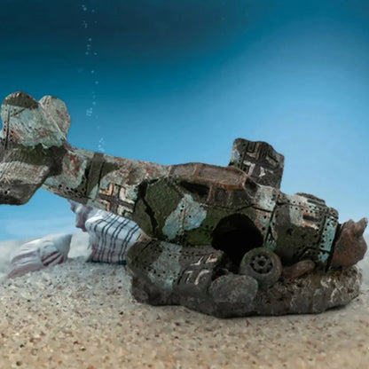 Mini Resin Airplane Wreck Aquarium Ornament – Vintage Plane Decor for Fish Tank Landscapes