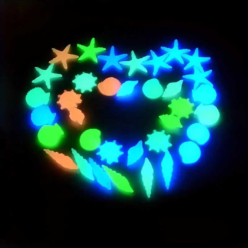 100PCS Marine Luminous Stones – Glow-in-the-Dark Aquarium Shell & Starfish Decor Stones for Landscapes, Tanks & Gardens