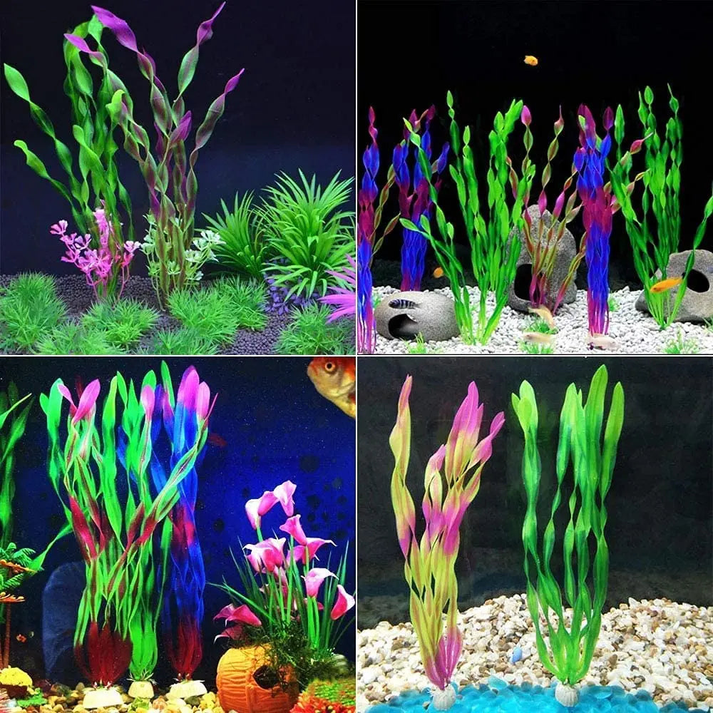 Artificial Aquarium Plants – 5pcs / 10pcs Plastic Aquatic Plants with Ceramic Base for Fish Tank Decoration