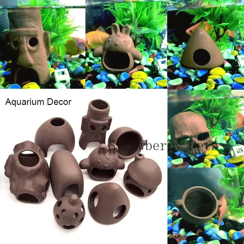 Ceramic Aquarium Shelter Houses – Shrimp & Fish Hiding Caves, Breeding Pots & Natural Stone-Style Tank Decor