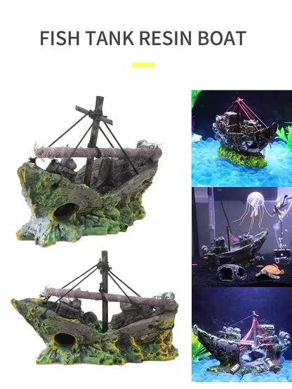 Pirate Shipwreck Aquarium Ornament – Resin Sunken Ship Cave Decoration